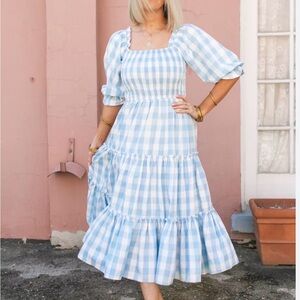Ivy City Co Blue and White Gingham Puff-Sleeve Midi Dress